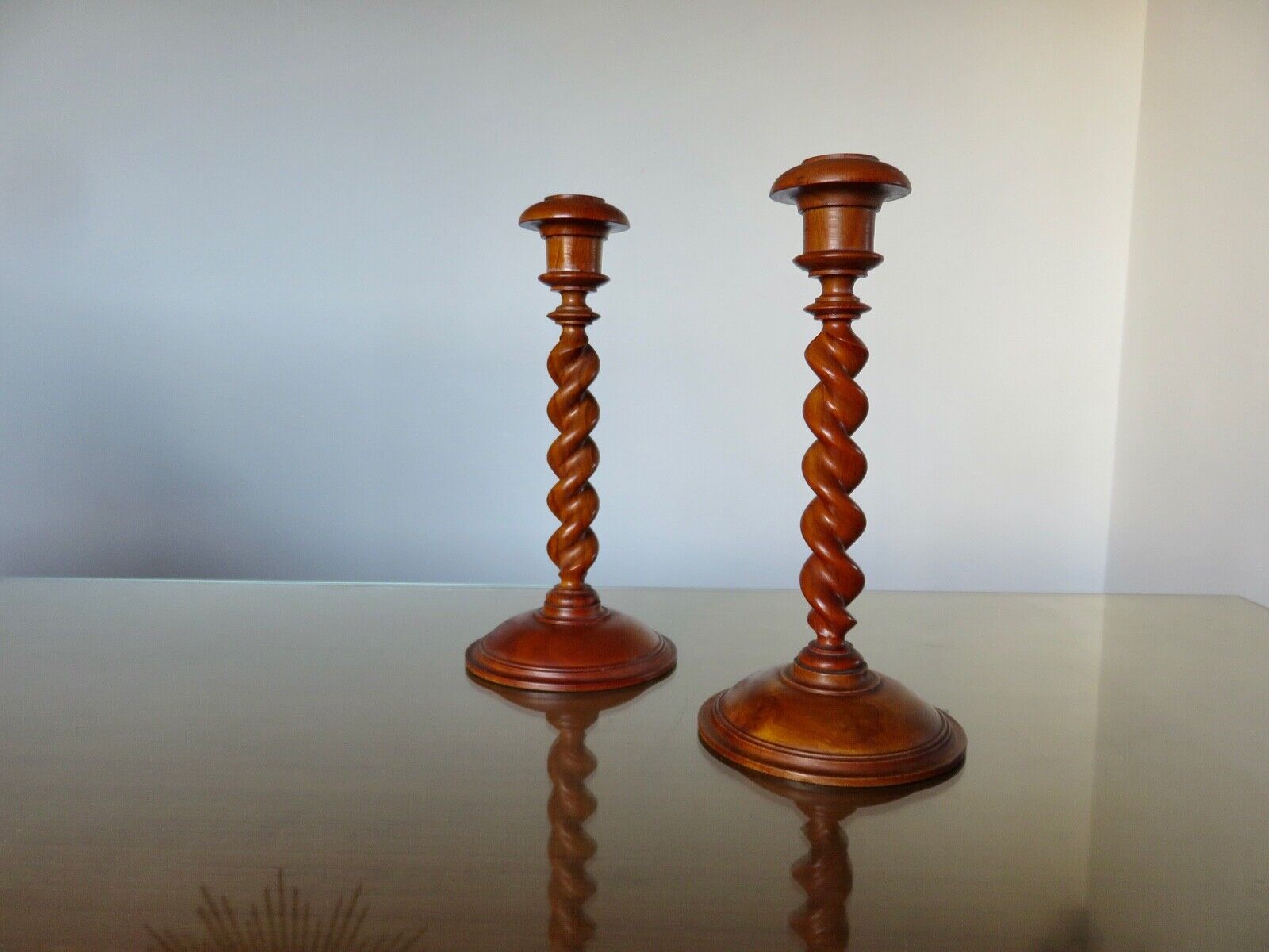 Pair of wooden candle holders turned art deco