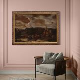 Grand tableau de paysage italien avec personnages du XVIIIe siècle