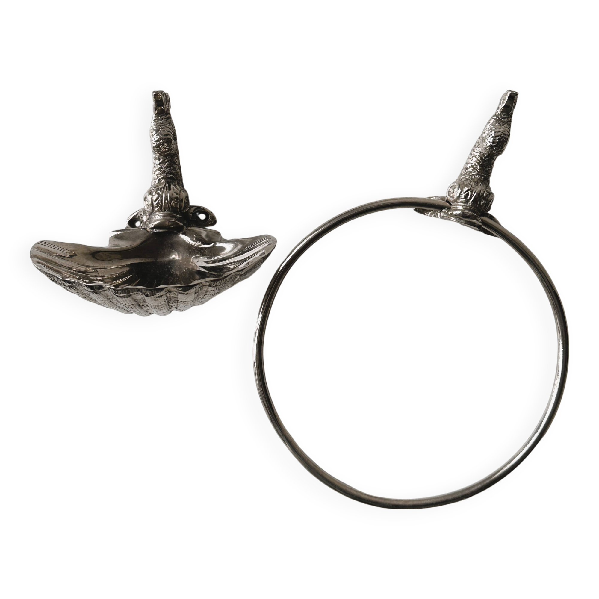 Vintage silver metal wall mounted soap dish and towel holder set