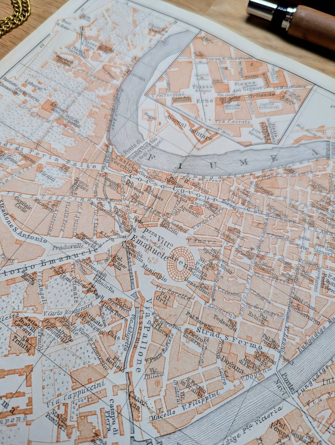 Printed in 1909, map of Verona (Verona), Veneto, Italy.