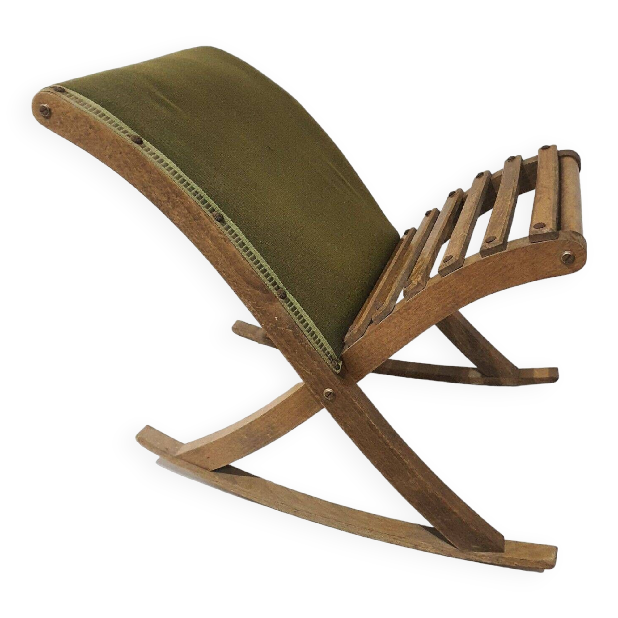 Ancien Repose Pied A Bascule Tissu Vert Et Bois Vintage Déco