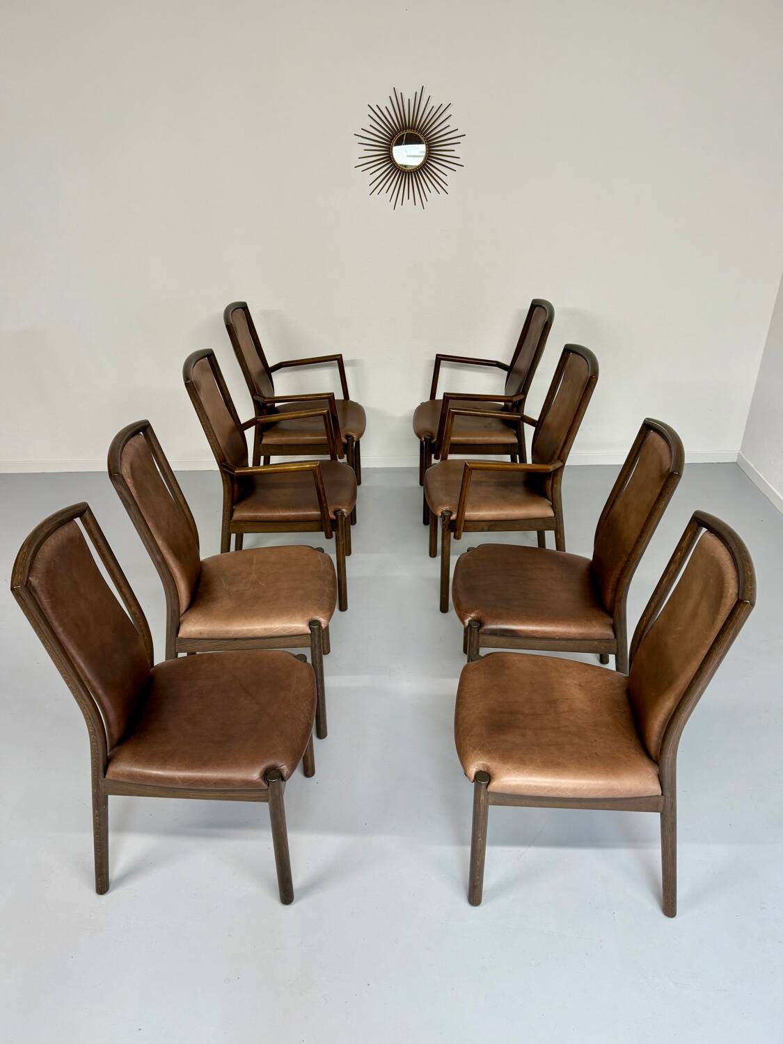 Set of 8 wooden and thick leather armchairs, Girsberger design, 80s