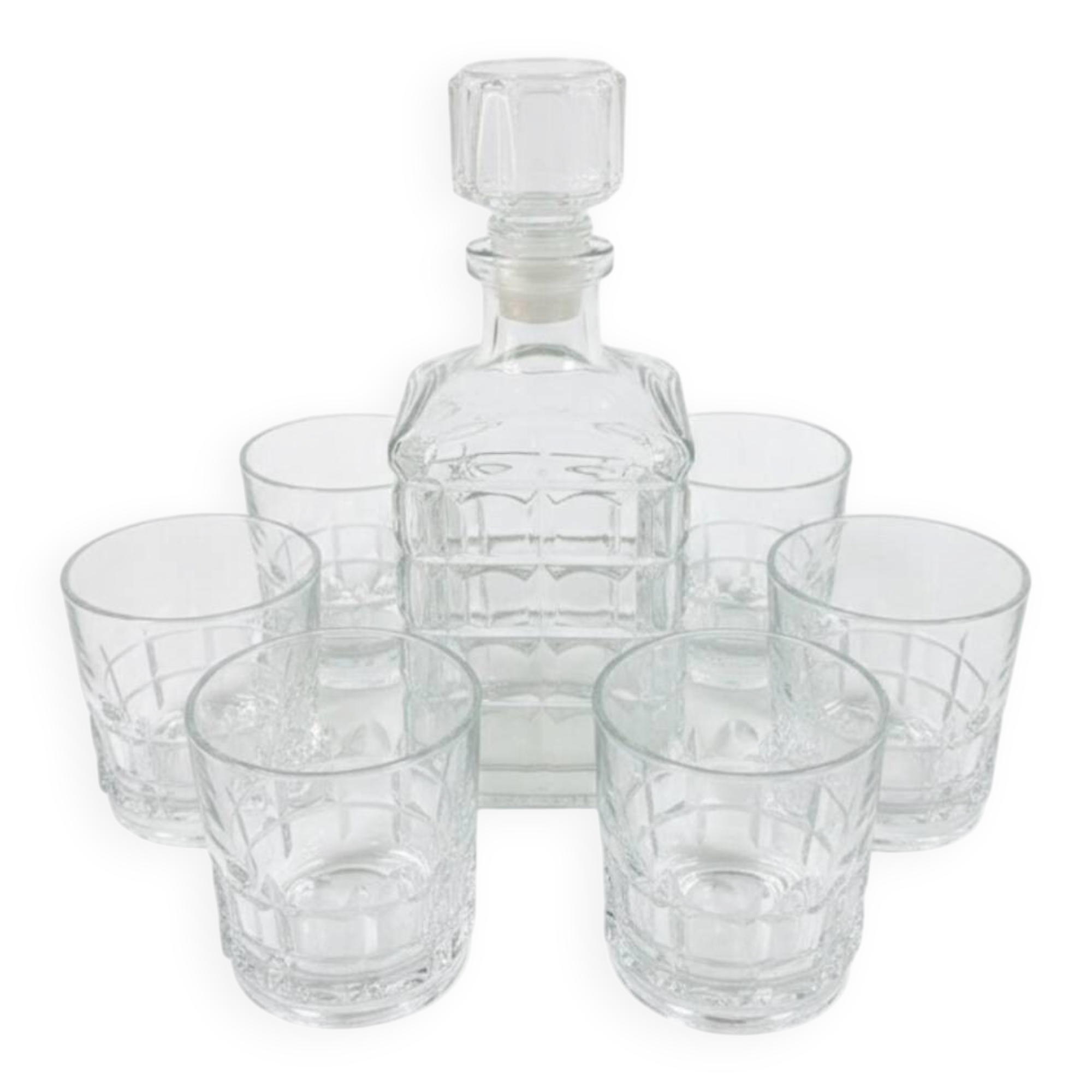 Luminarc Quadrille whisky service: decanter & 6 glasses from the 1970s.