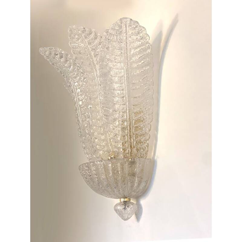 Set of Two Transparent Graniglia “Leaf” Murano Glass Wall Sconces