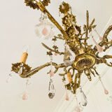 Lustre ancien en bronze à 5 bras avec verre de Murano rose et cristal