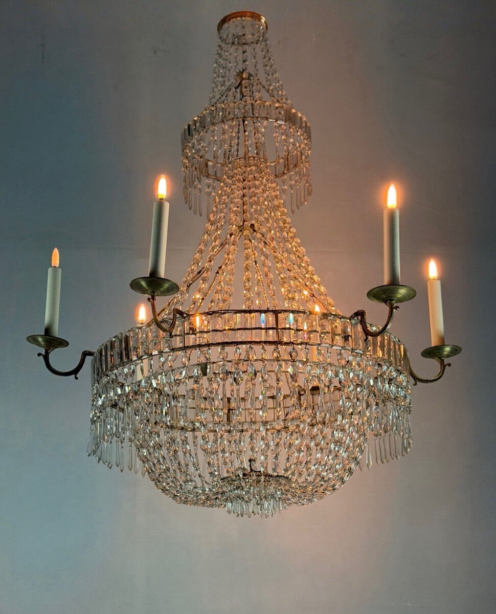 Beaded bag chandelier, six lights, circa 1800