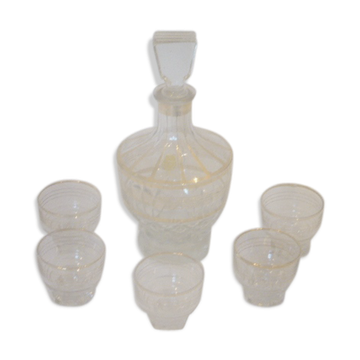 Carafe et 6 verres ballons en verre transparent et liserés or vintage 1950