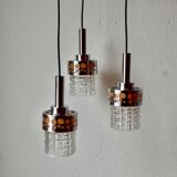 Triple vintage pendant light in molded glass, chrome metal and orange plastic - Space Age Design