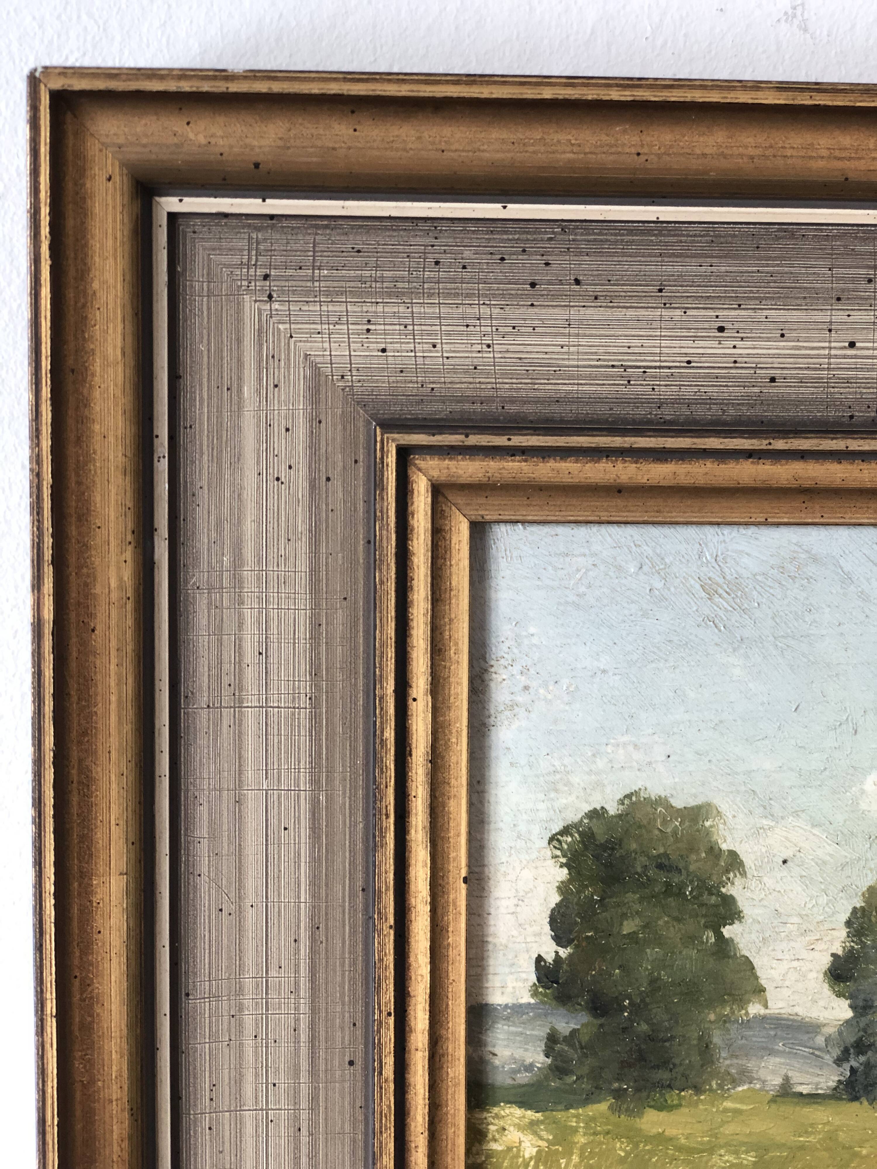 Peinture à l'huile vintage originale de paysage de cottage : Art de la nature encadré