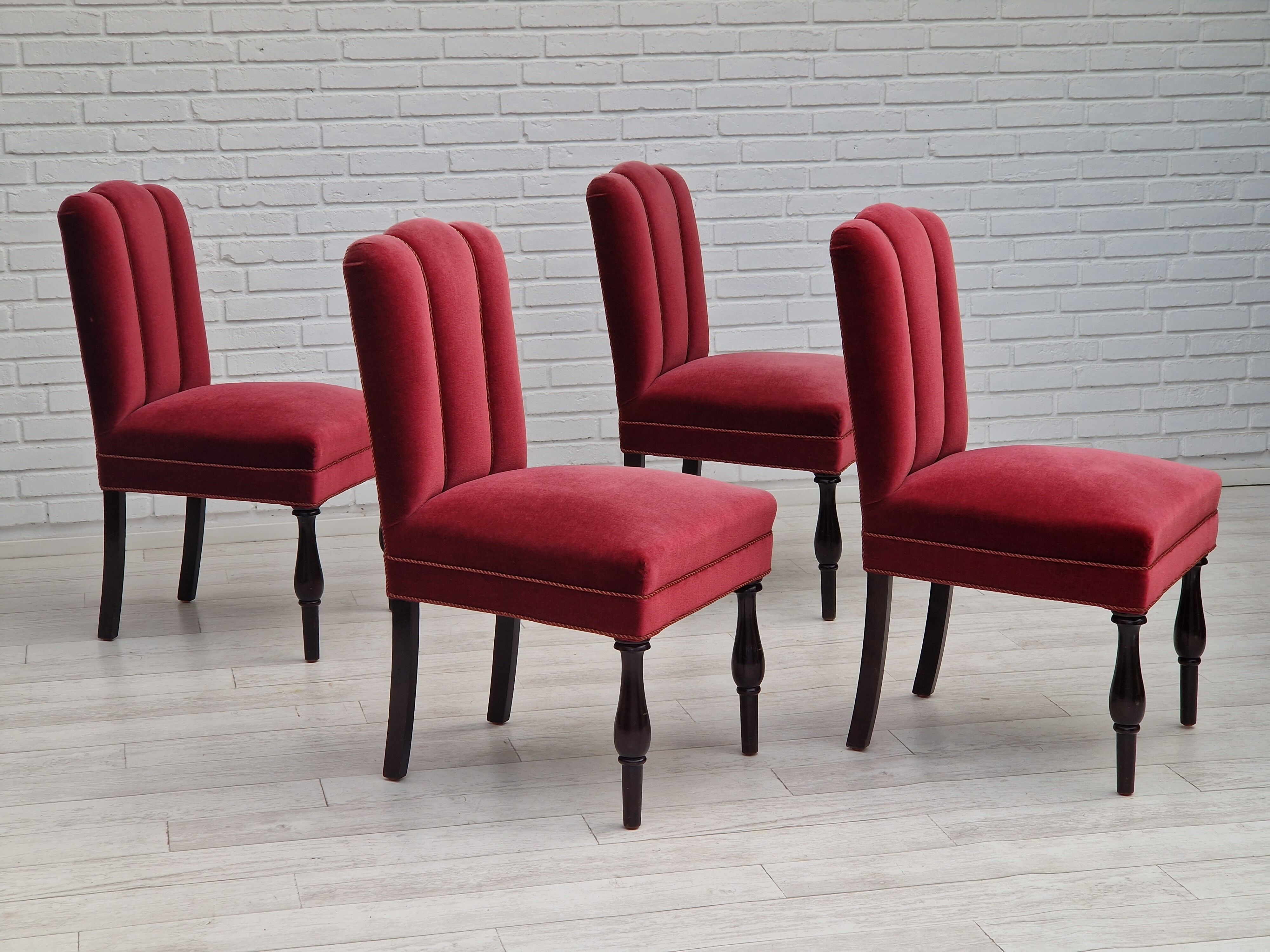Set of 4 dinning chairs, oak wood, cherry-red velour, 1950s, danish design