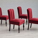 Set of 4 dinning chairs, oak wood, cherry-red velour, 1950s, danish design