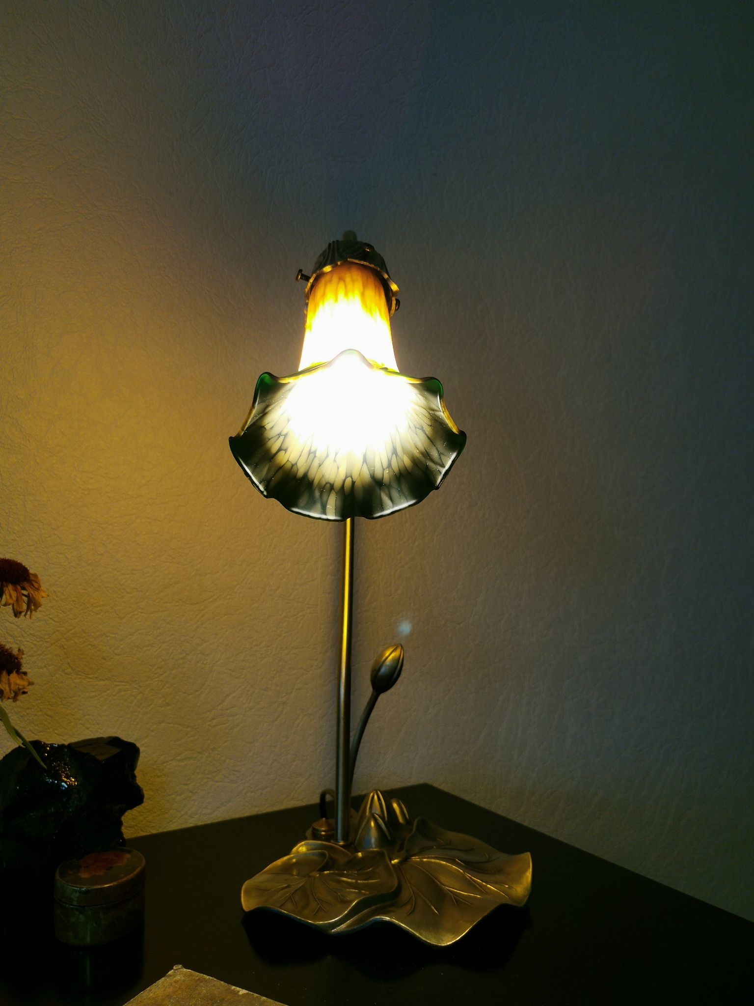 Brass water lily lamp and glass paste, art nouveau style.