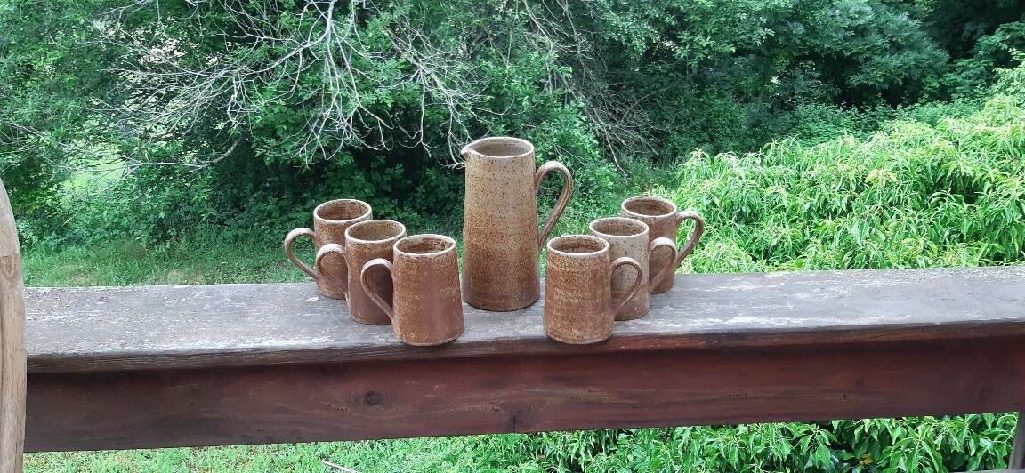Pitcher and tumblers, pyrite stoneware, France, 1970