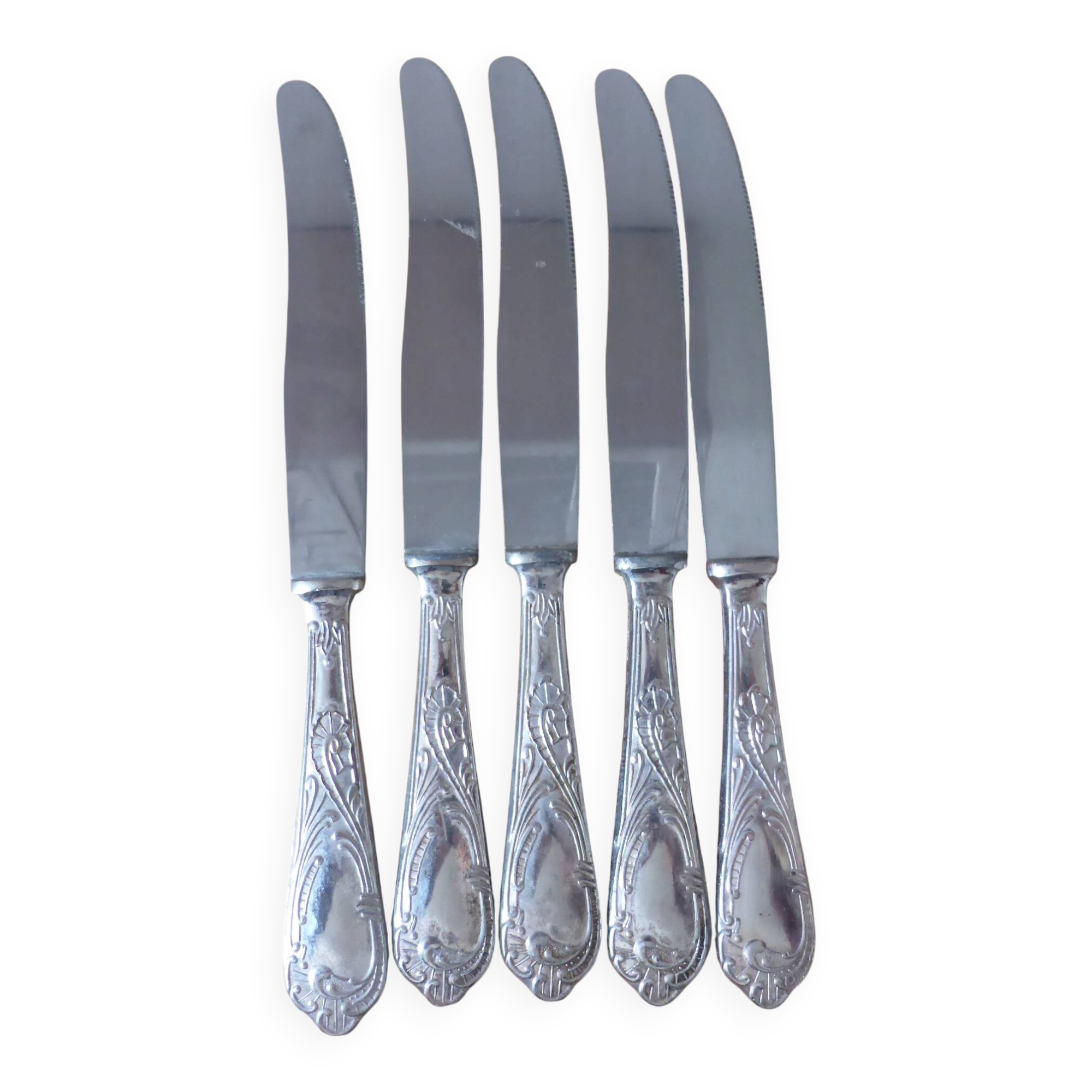 5 vintage silver-plated knives with stainless steel blades 240514
