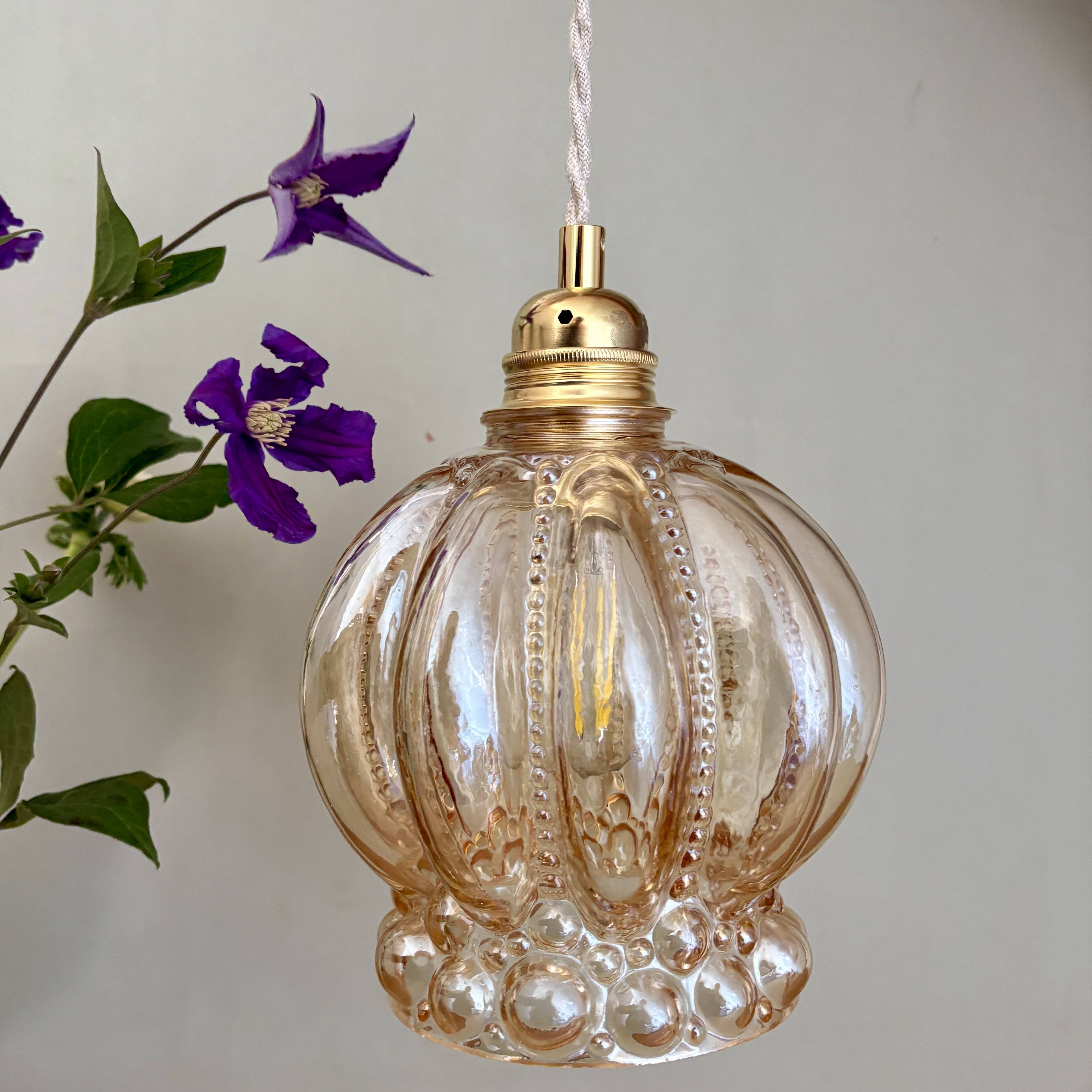Vintage globe pendant light in amber bubble glass