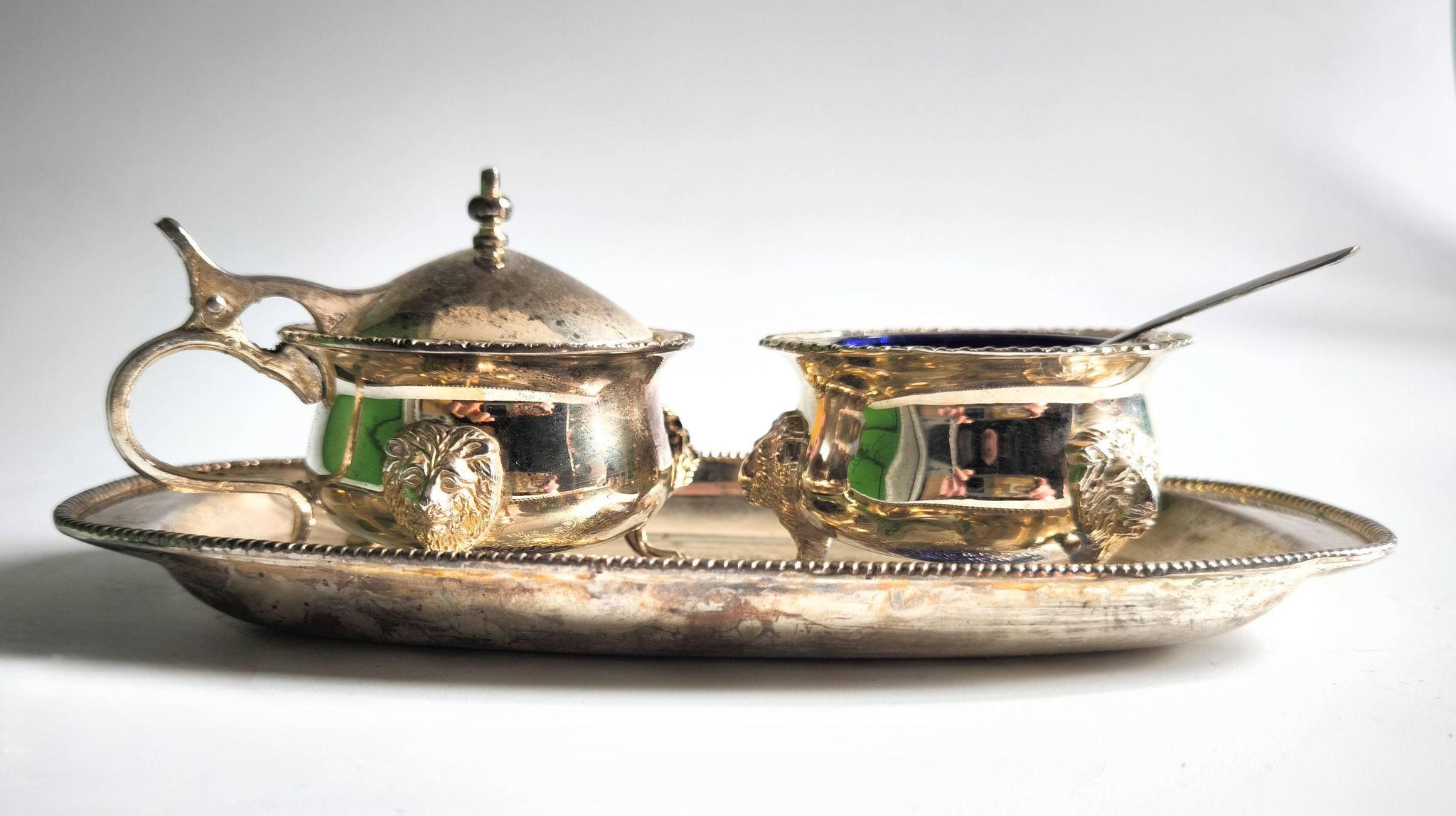 Caviar or cobalt blue condiment set from the first half of the 20th century.