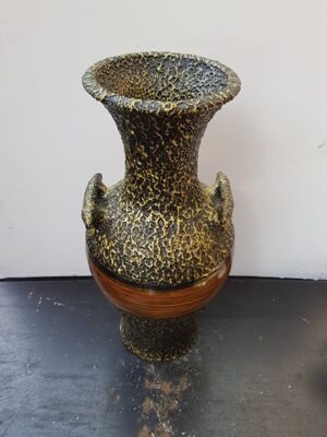 Vase Grand Modèle Céramique Noire Dorée & Marron Imitation Bois Vintage