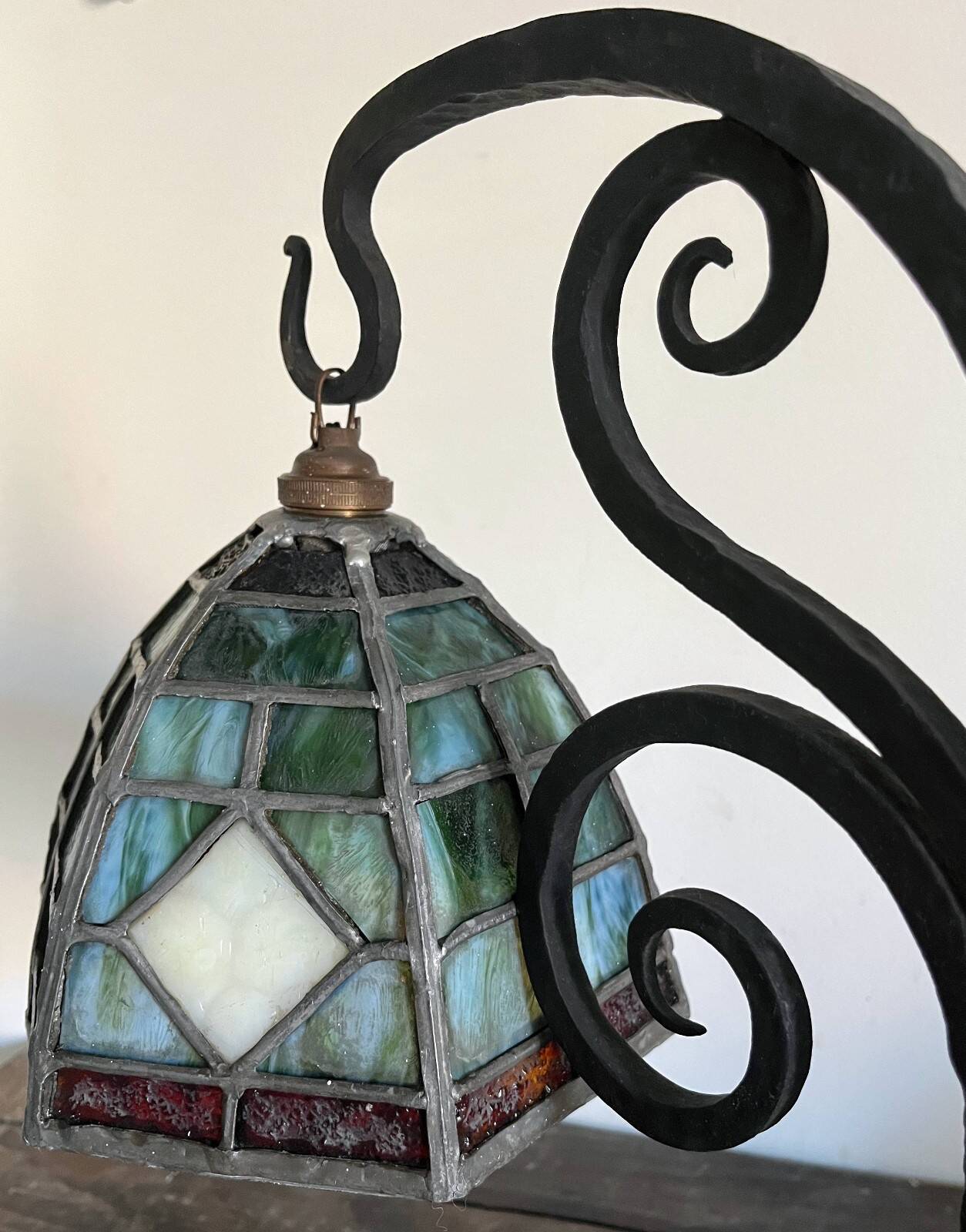 Antique Arts & Crafts Lamp cf. Tiffany Wrought iron and stained glass