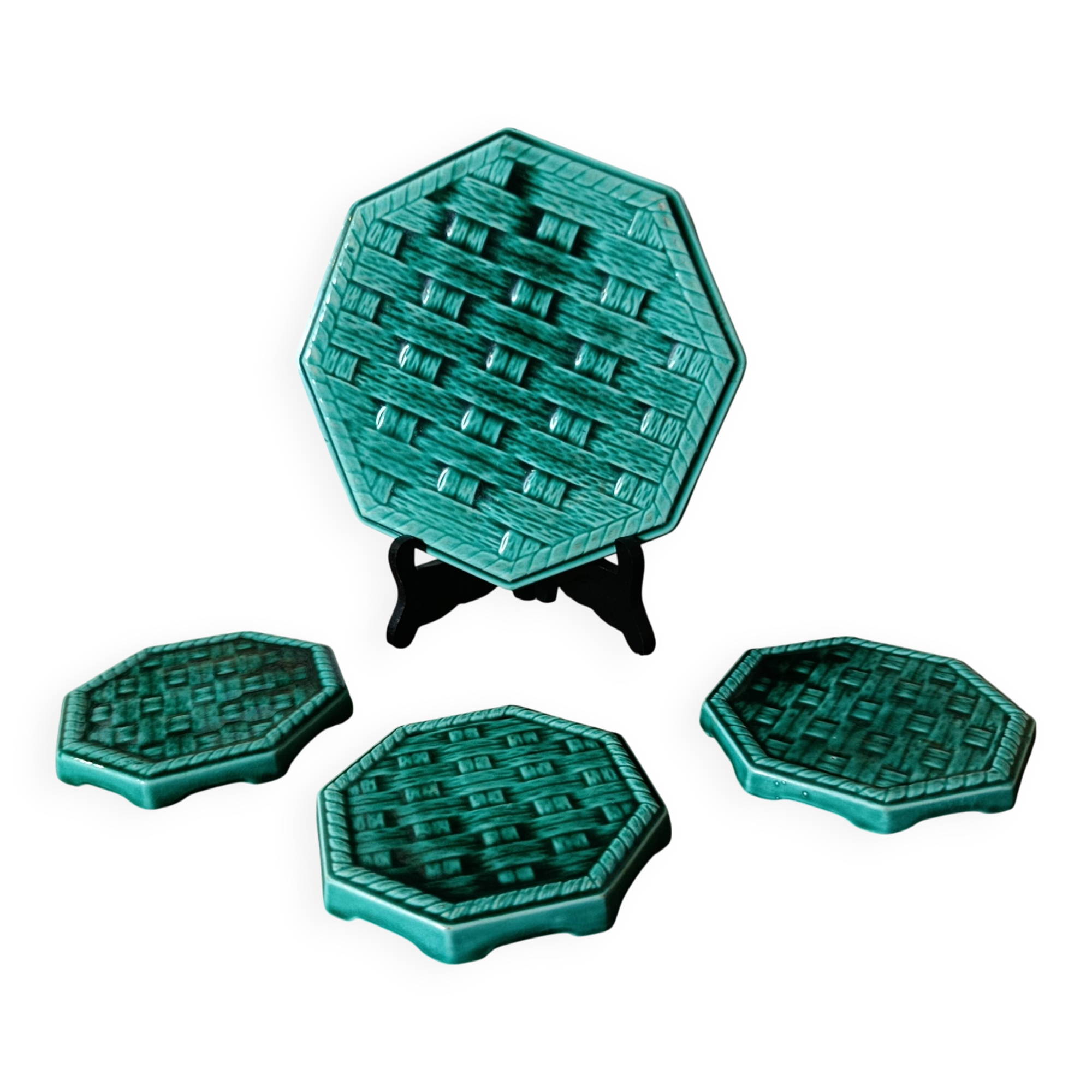 Vintage Digoin France emerald green majolica trivet and coaster set