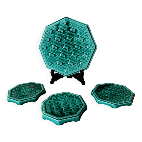 Ensemble de sous-plat et de dessous de verre en majolique vert émeraude vintage de Digoin France.