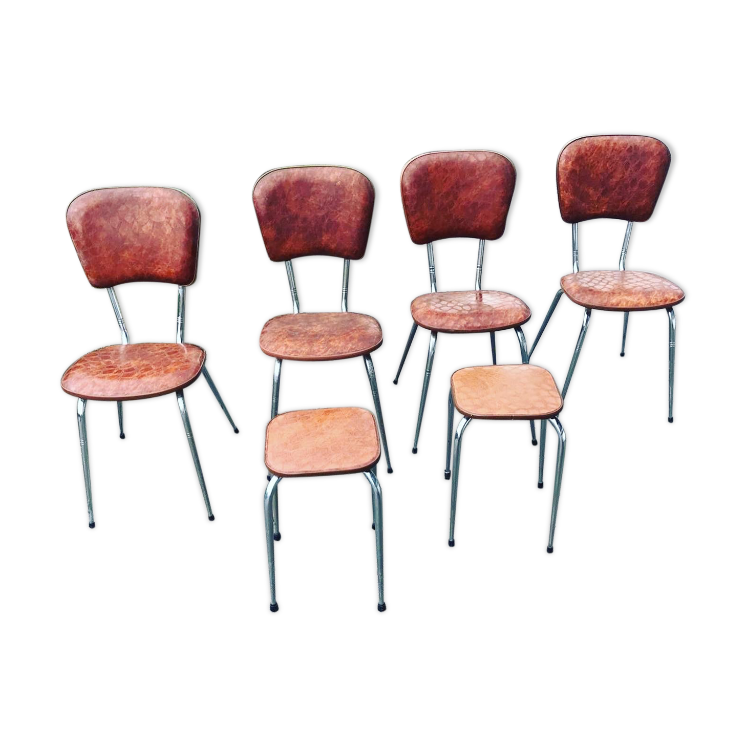 Lot of 4 chairs and 2 70s skai skai brown croc imitation stools