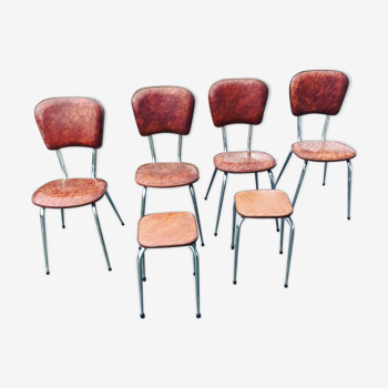Lot of 4 chairs and 2 70s skai skai brown croc imitation stools