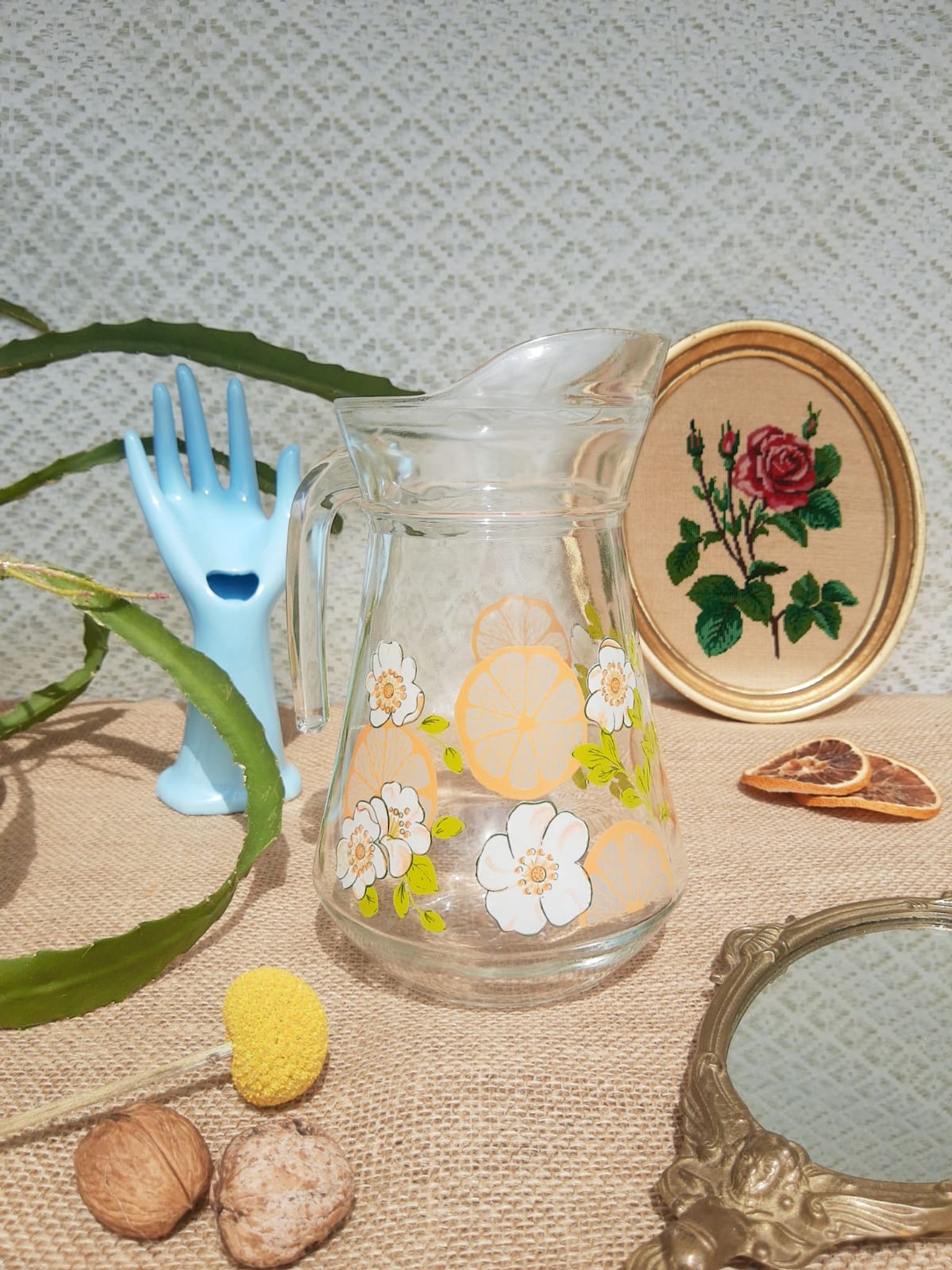 Carafe patterns flowers in glass -vintage