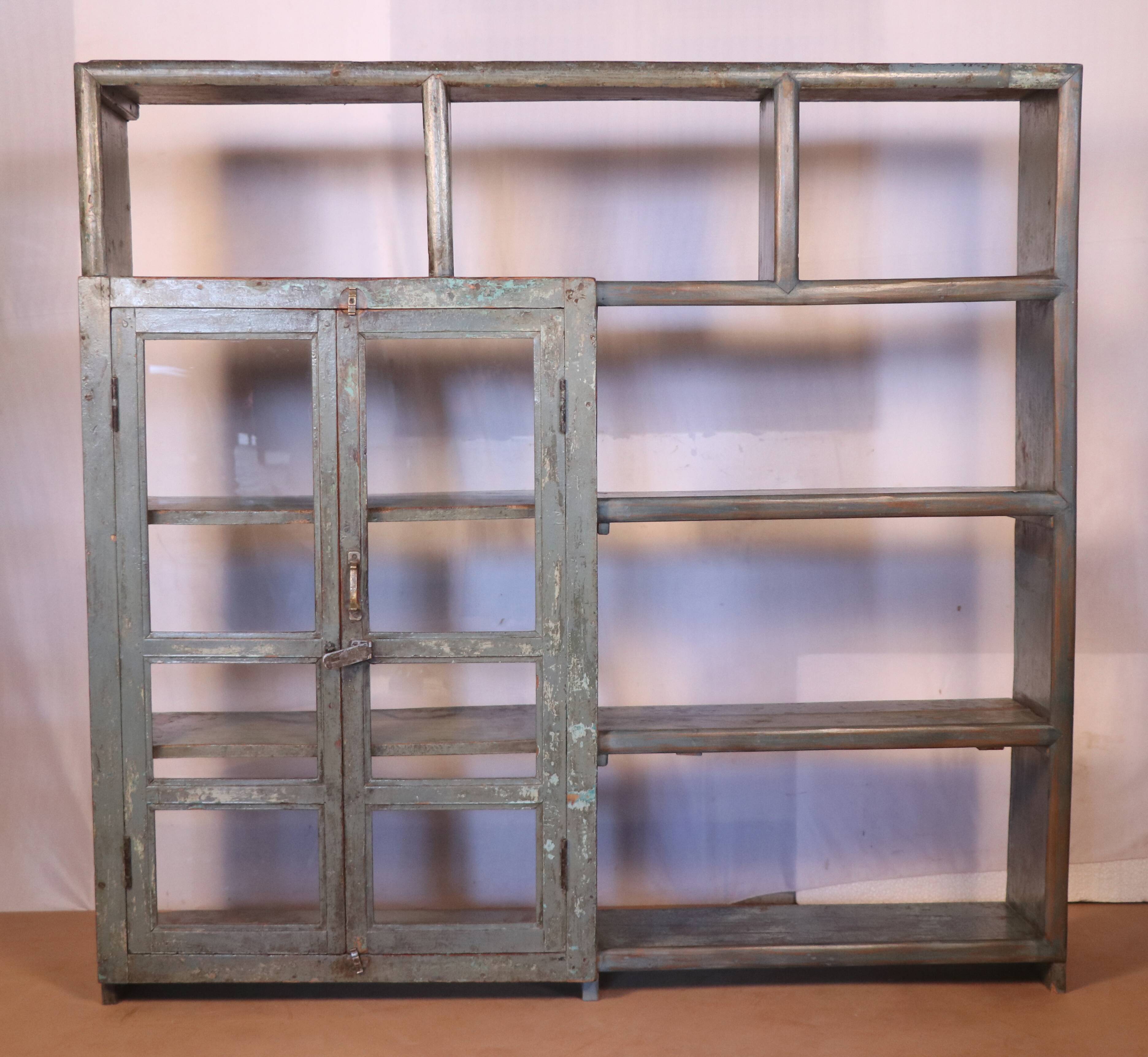 Old shelf, shopkeeper's bookcase in original Burmese teak with blue-gray patina