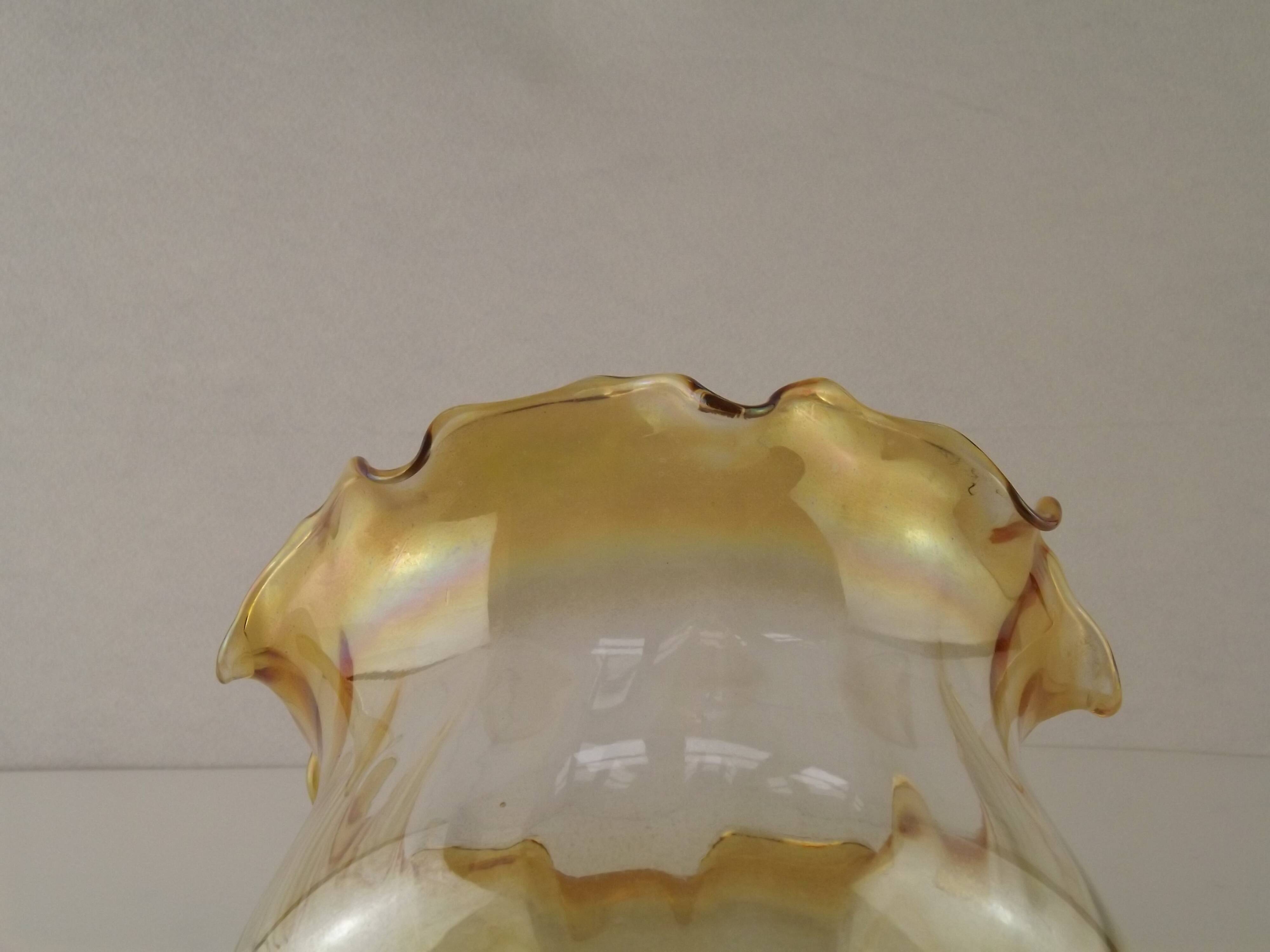 Large Mid Century Amber Glass Light Shade With Ribbed Effect & Frilled Edge