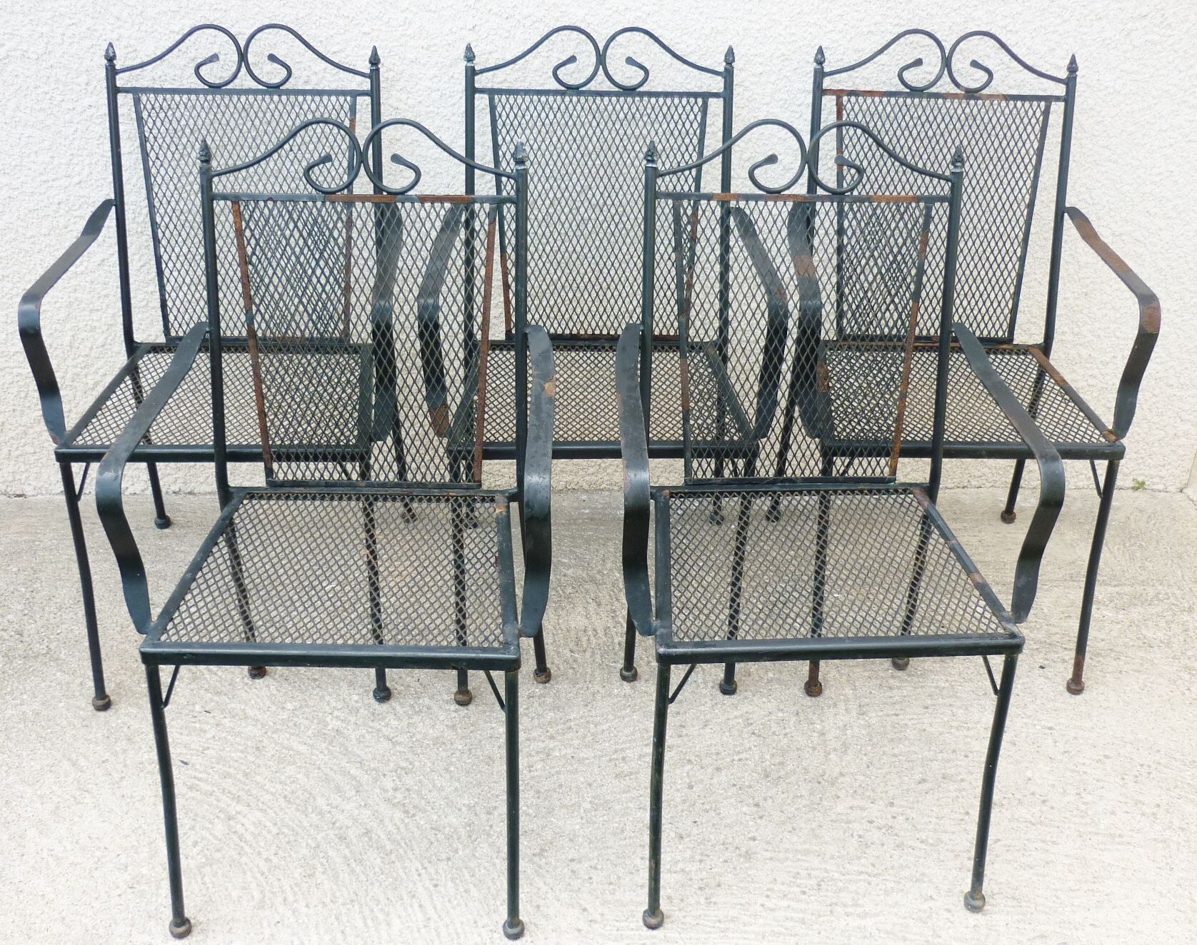 Series of 5 armchairs, openwork metal garden chairs, 60s/70s, stackable