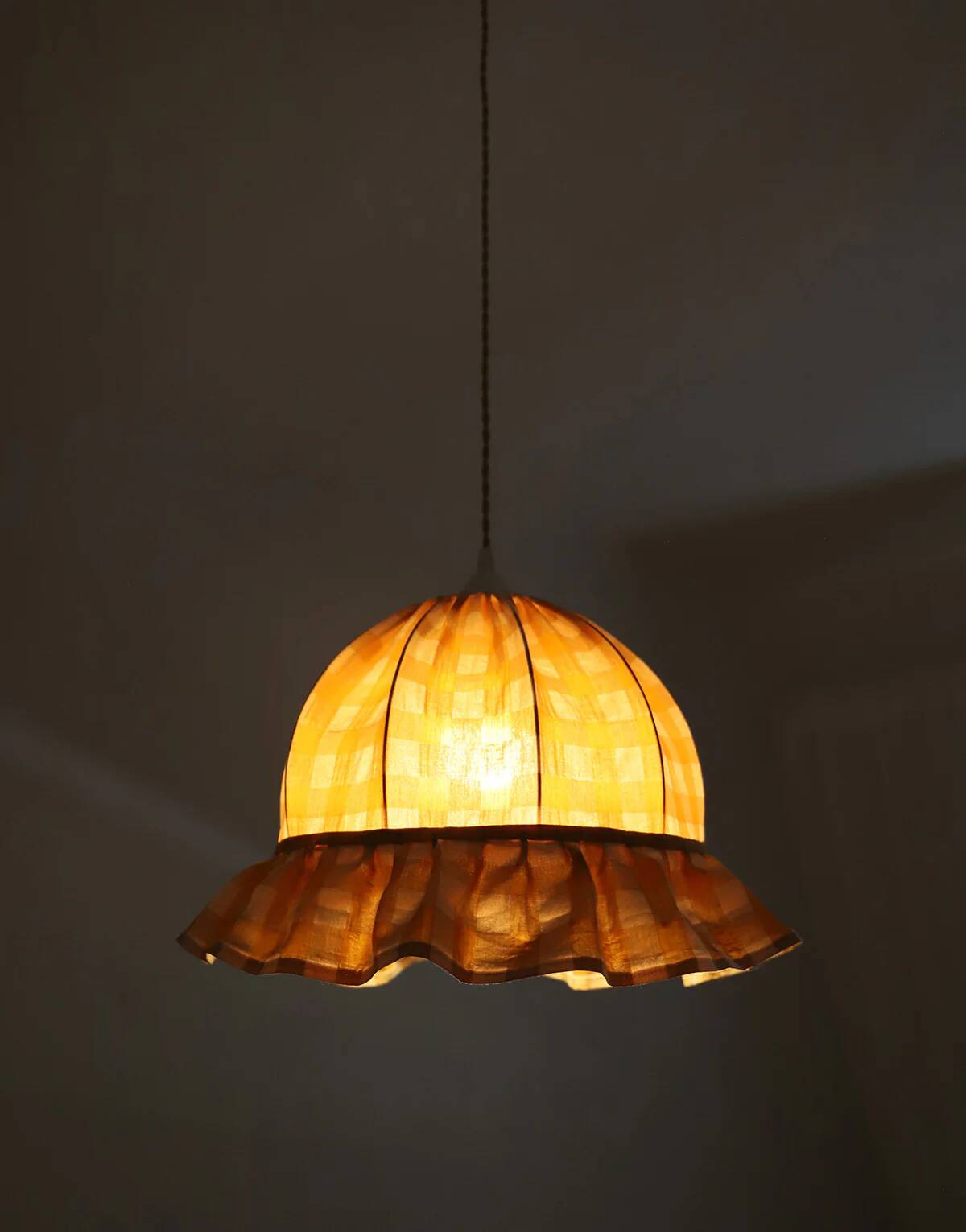 Vintage dome pendant light with ruffles "mustard gingham print"