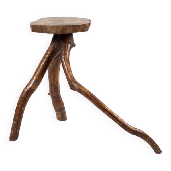 Tabouret grand brutaliste en bois massif ancien
