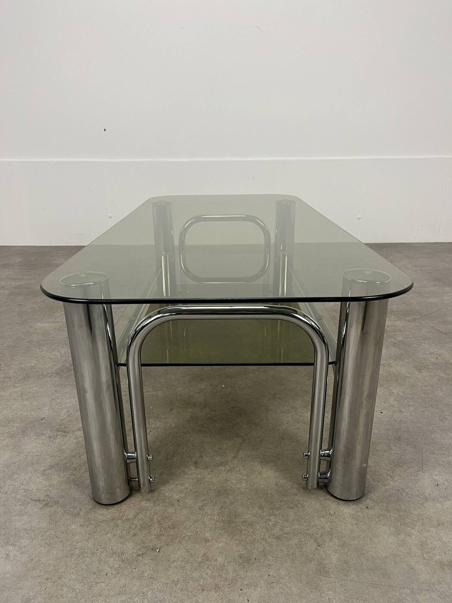 Chrome metal and smoked glass coffee table, 70s
