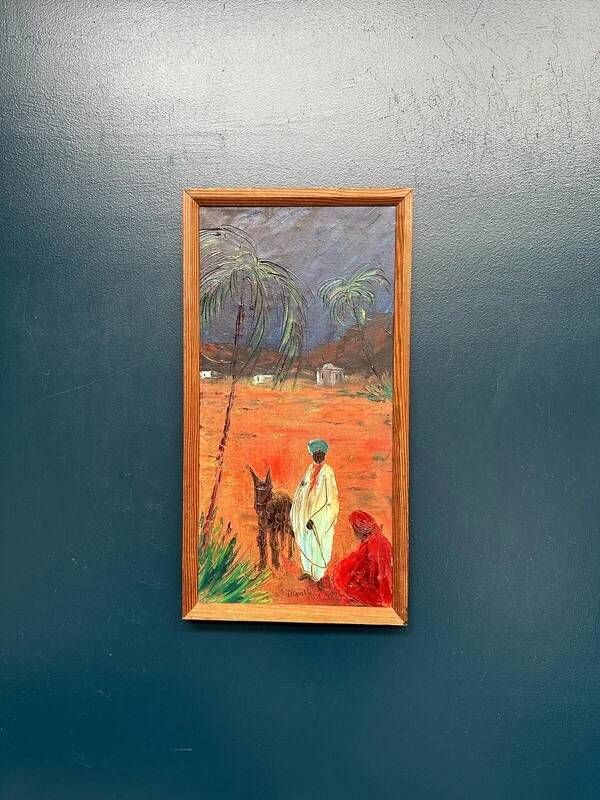 Mid-century oil on canvas “Figures with a dog” by Hans R, vintage & framed 33×63cm
