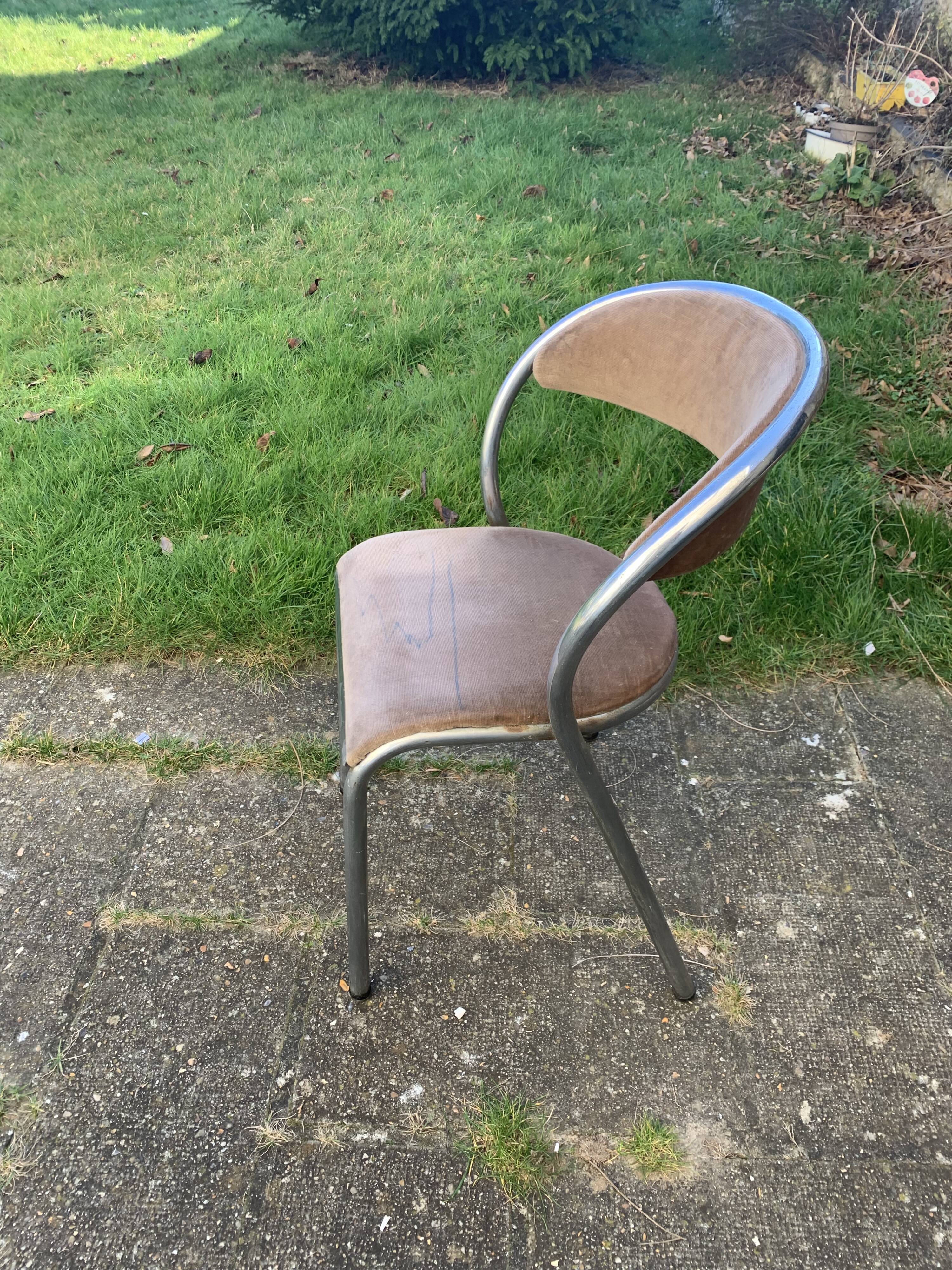 Chair in beige velvet and chrome, curved shape, vintage 1950