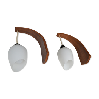Pair of teak and opaline wall lamps