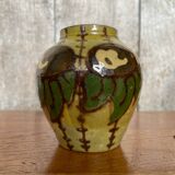 Antique yellow enameled terracotta vase painted decor made in france vintage