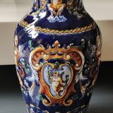 Twisted design vase. Signed Gien France/Renaissance blue background 26 x 13cm