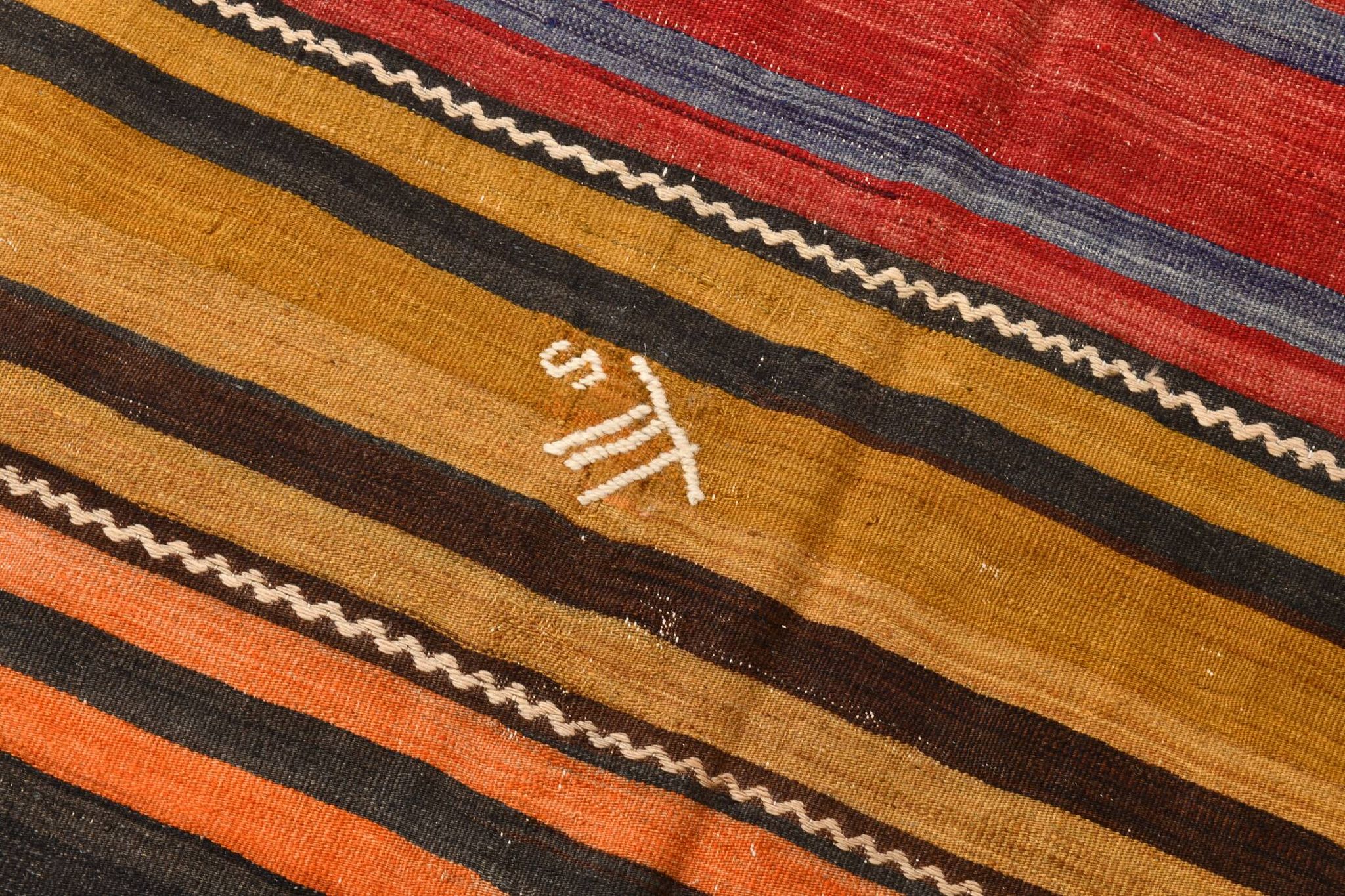 6x9 Green Orange Striped Turkish Vintage Kilim Rug 174x272Cm SK 2311