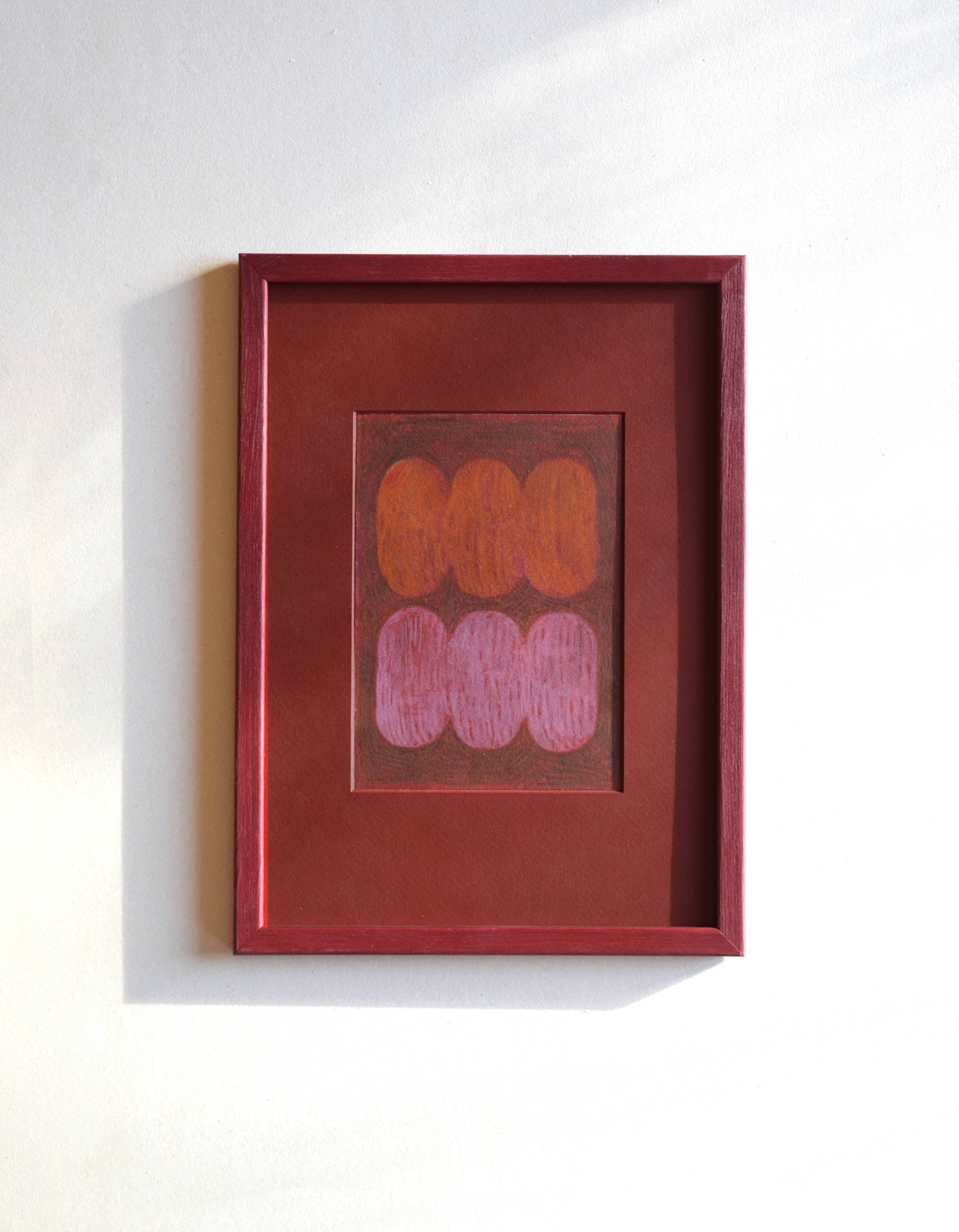 Framed painting on red paper signed eawy