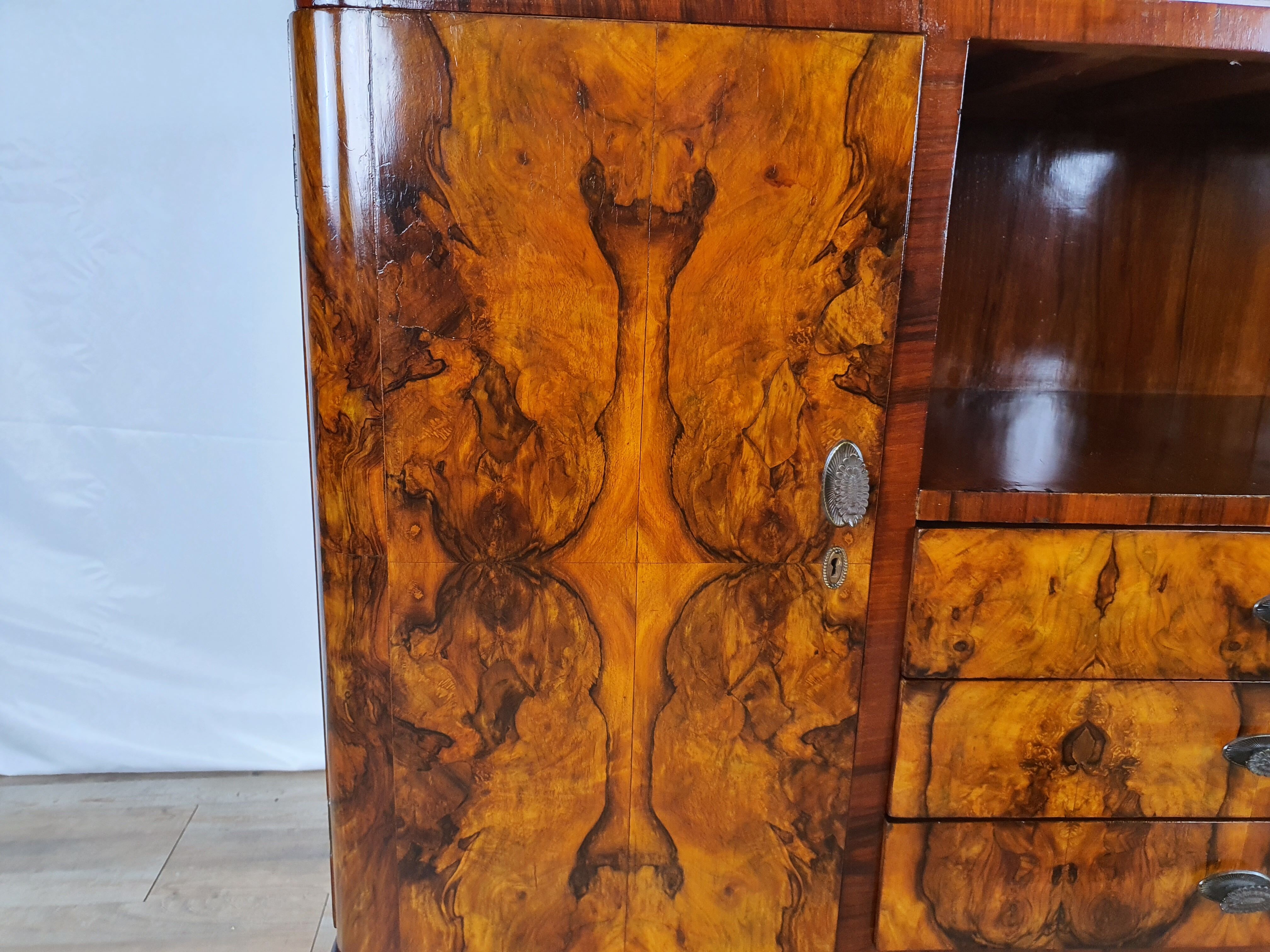 Art deco dining room sideboard in briar with upstand, 1940s