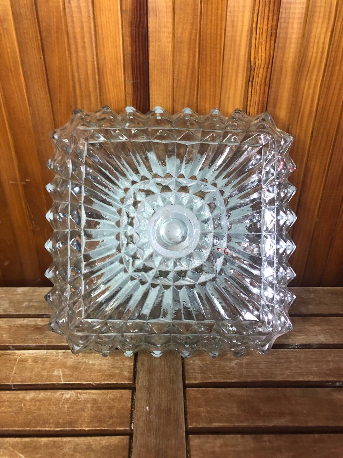 Old molded glass ceiling light + vintage black metal support