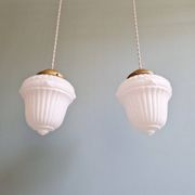 Pair of Art Deco pendant lights in pressed white opaline glass, 1920-30