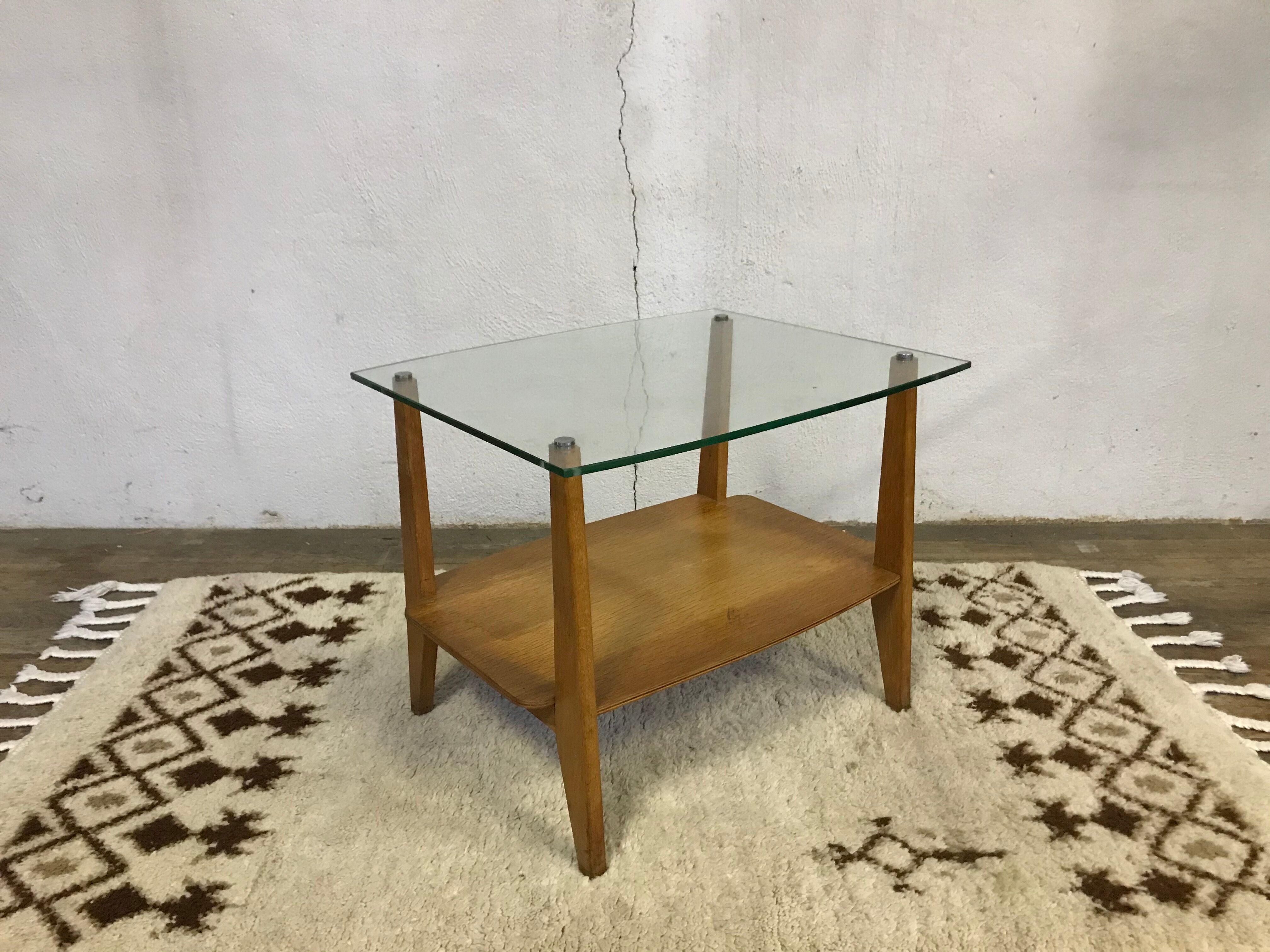 Glass coffee table with oak triangle shape 1950 1960 vintage modernist