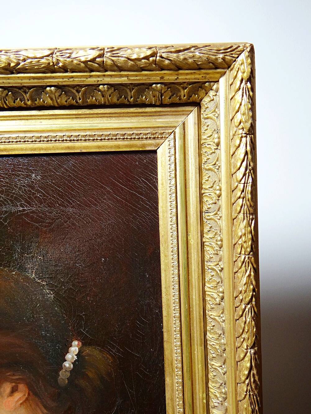 Old portrait of a young woman in profile, oil on canvas A. Piard 19th century
