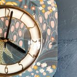 Vintage formica clock silent asymmetrical wall pendulum "Pink ocher blue"