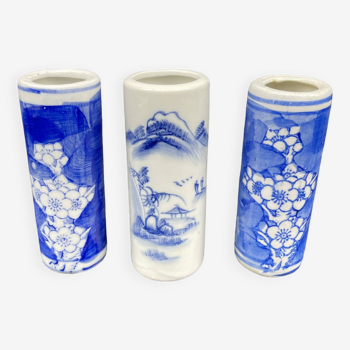 Trio, Chinese scroll vases, trio of vases, blue enamels, floral decor, Gu plum flowers, China