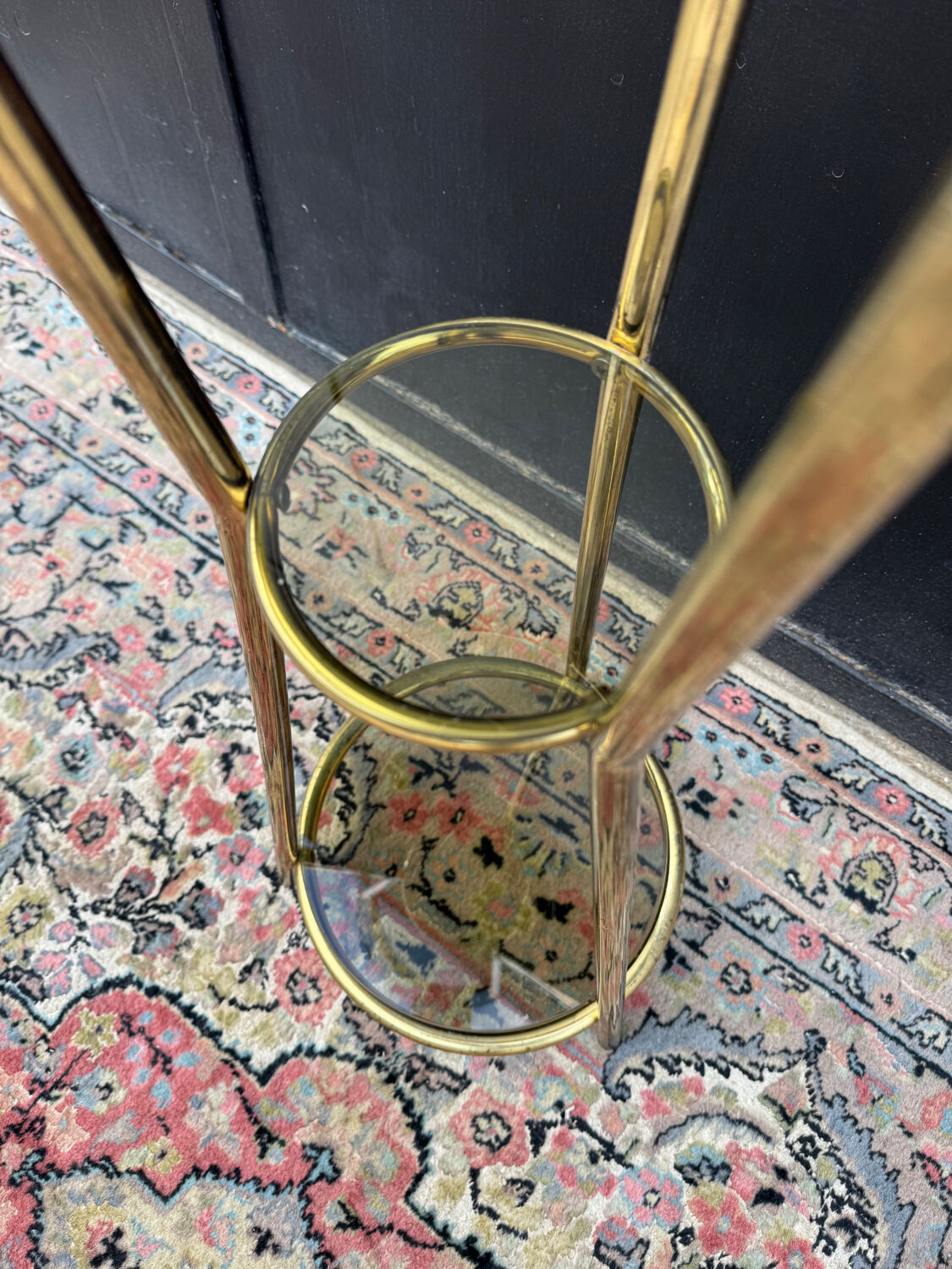 Golden tripod stand with smoked glass from the 1970s.