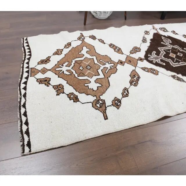 Tapis de couloir turc Oushak vintage fait main en laine et coton blanc