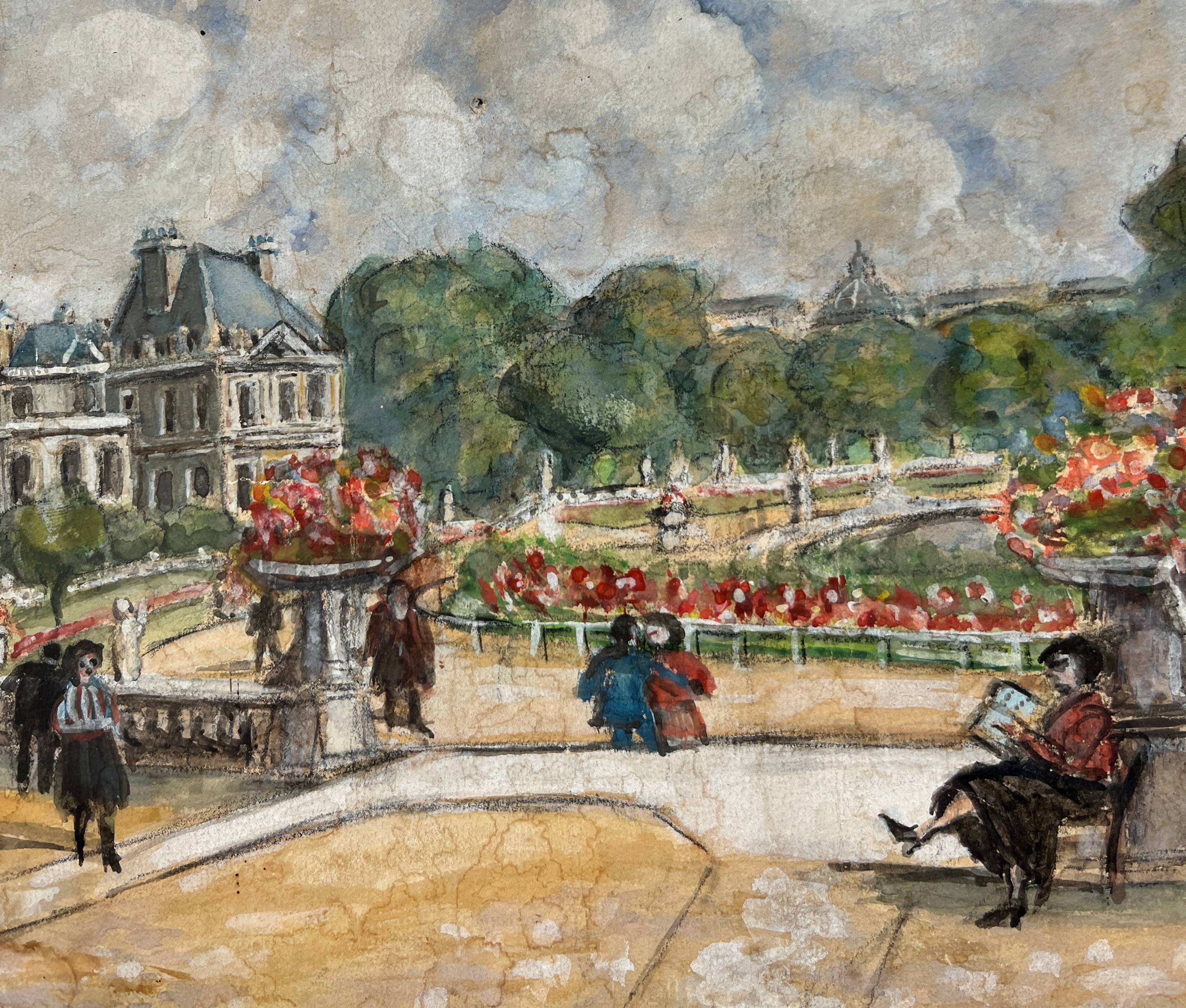 Watercolor painting "The animated Luxembourg garden" Paris in 1952 signed